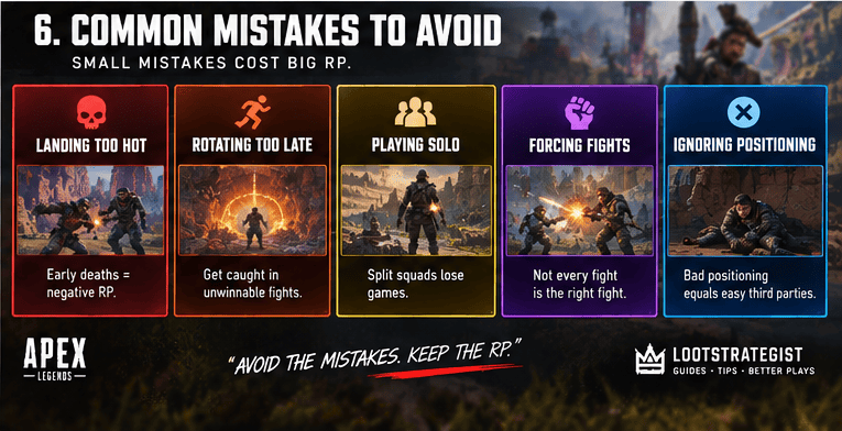 Apex Legends Ranked mistakes guide showing common errors such as bad rotations, unnecessary fights, poor positioning, and weak communication
