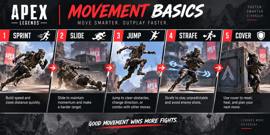 Apex Legends basic movement diagram showing sprint, slide, jump, strafe, and cover
