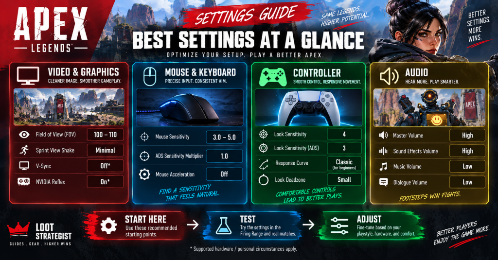 Apex Legends settings guide showing recommended video, mouse, controller, and audio settings