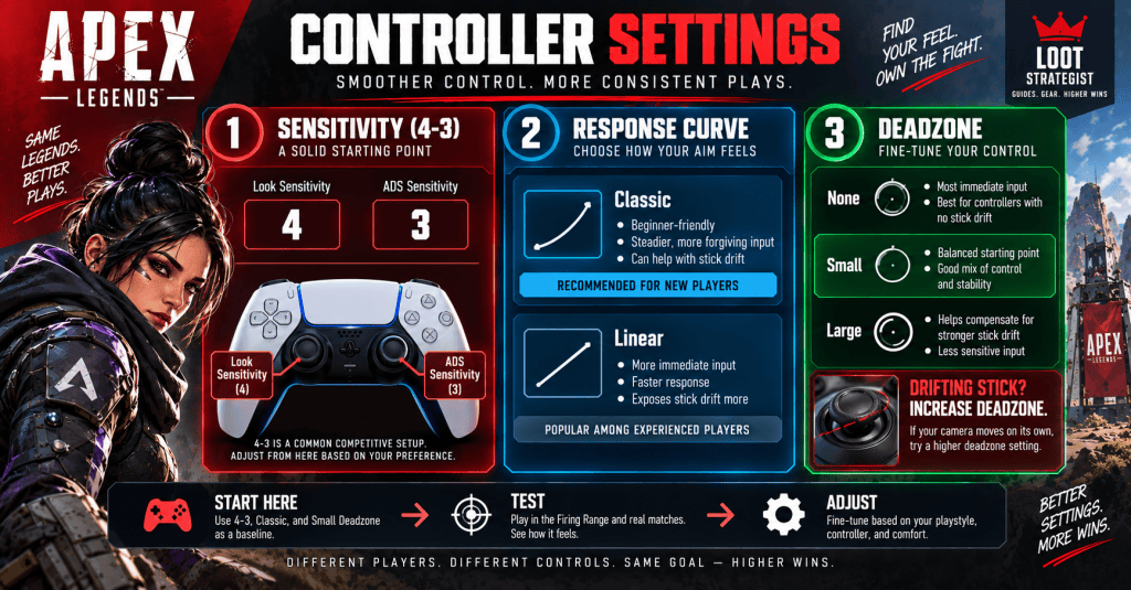 Apex Legends controller settings guide showing 4-3 sensitivity, Classic and Linear response curves, and deadzone options
