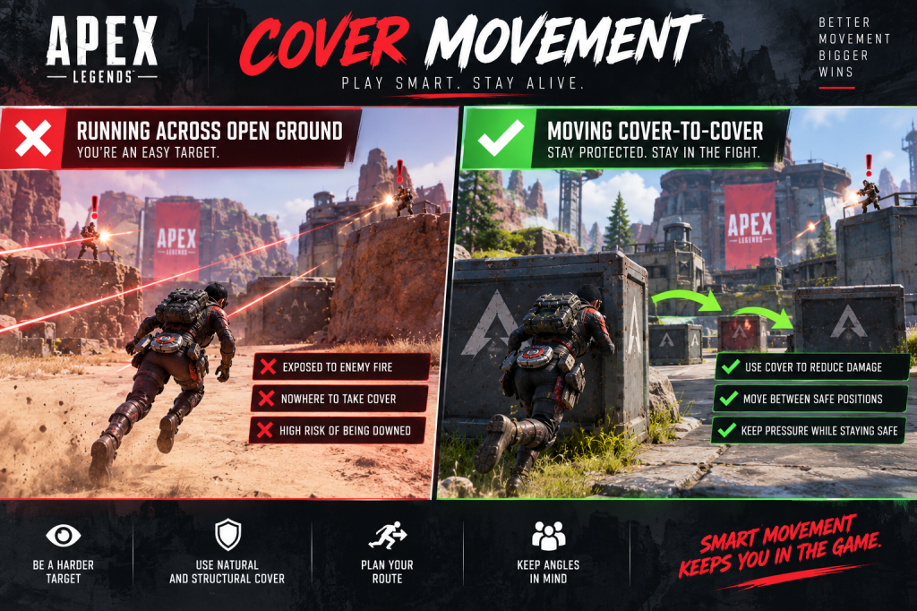 Apex Legends cover movement comparison showing a character running across open ground versus moving safely from cover to cover