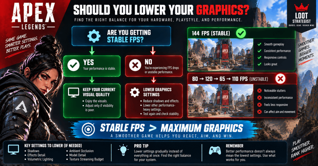 Apex Legends graphics settings guide comparing stable FPS with unstable frame rates and when to lower graphics settings