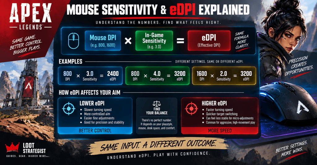 Apex Legends mouse sensitivity and eDPI guide showing how DPI and in-game sensitivity calculate eDPI
