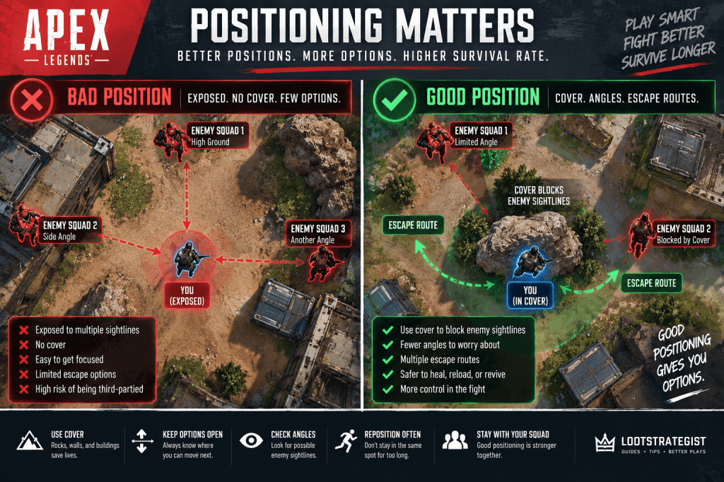 Apex Legends positioning guide comparing a bad exposed position with a good position behind cover and multiple escape routes