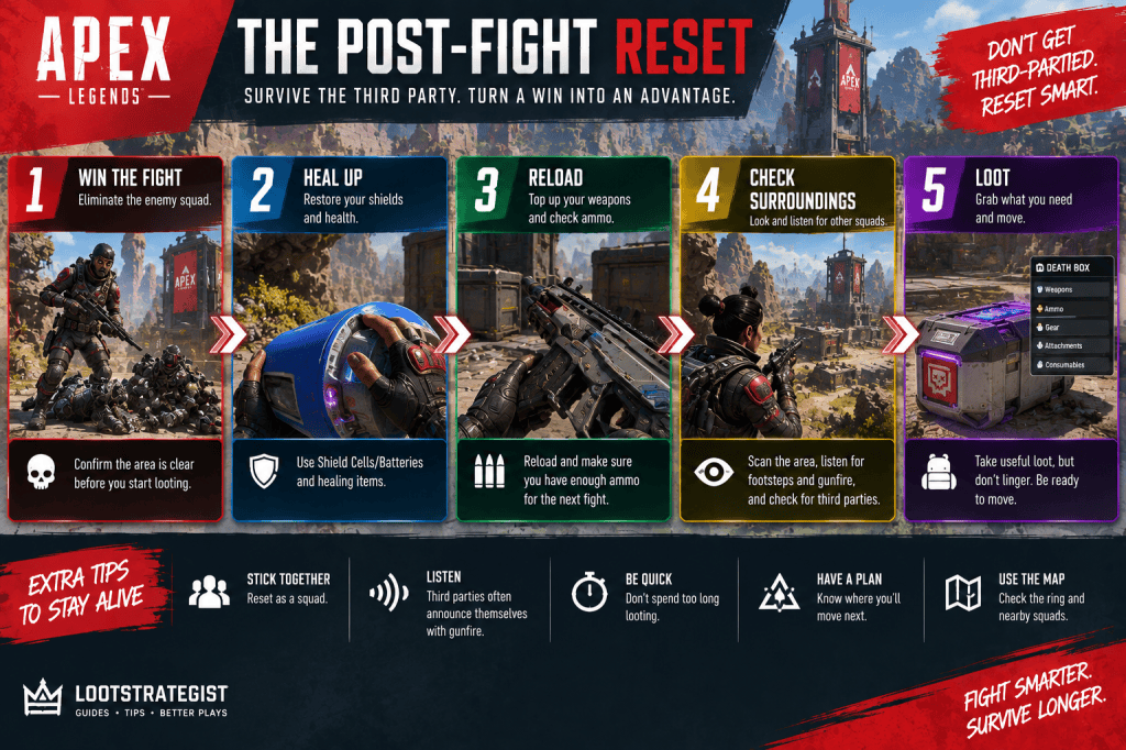 Apex Legends post-fight reset guide showing the steps to heal, reload, check surroundings, and loot after winning a fight