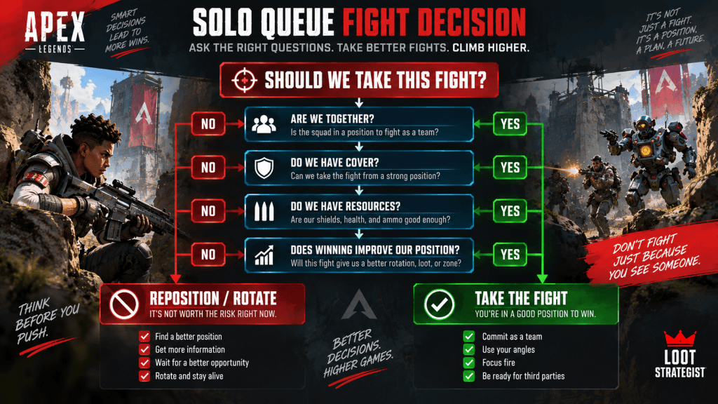 Apex Legends solo queue fight decision guide showing when to take a fight or reposition based on squad, cover, resources, and position.