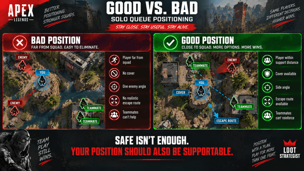 Apex Legends solo queue positioning guide comparing a bad isolated position with a good position within teammate support range