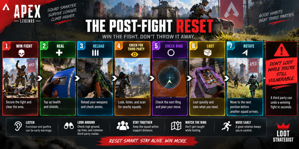 Apex Legends solo queue post-fight reset showing how to heal, reload, check for third parties, loot, and rotate