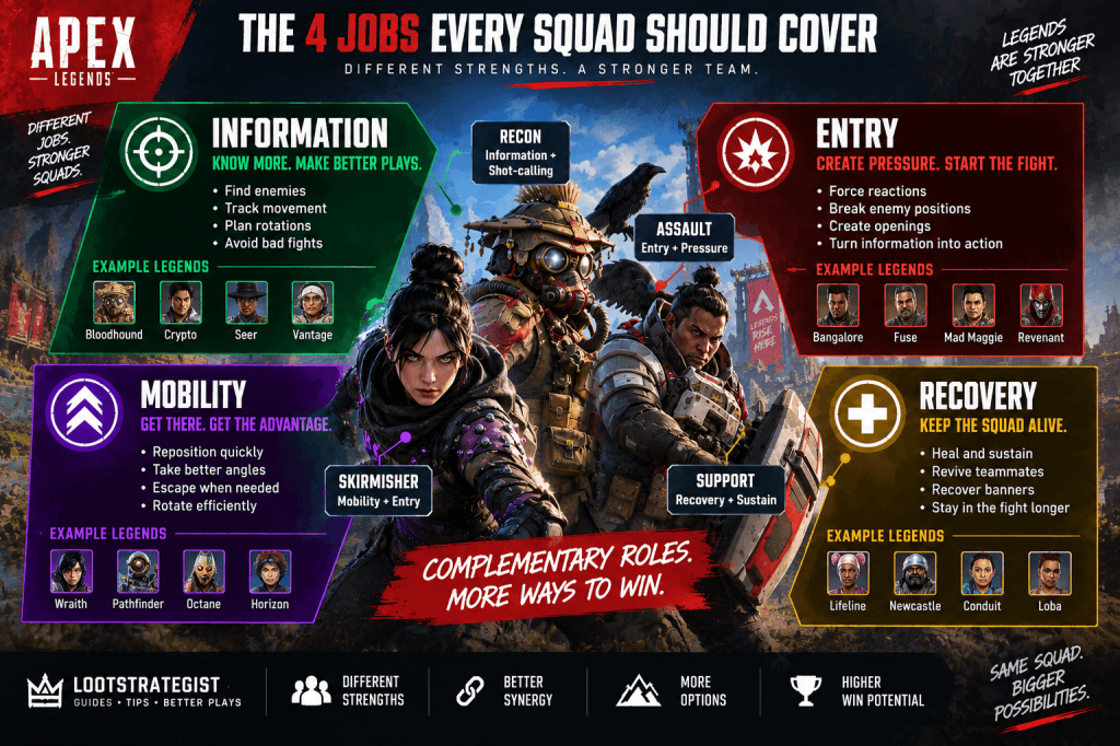 Apex Legends squad composition guide showing four key team jobs: Information, Entry, Mobility, and Recovery