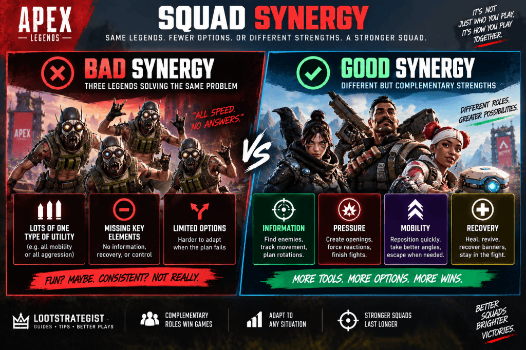 Apex Legends squad synergy guide comparing bad team synergy with three similar roles against complementary roles for information, pressure, mobility, and recovery.