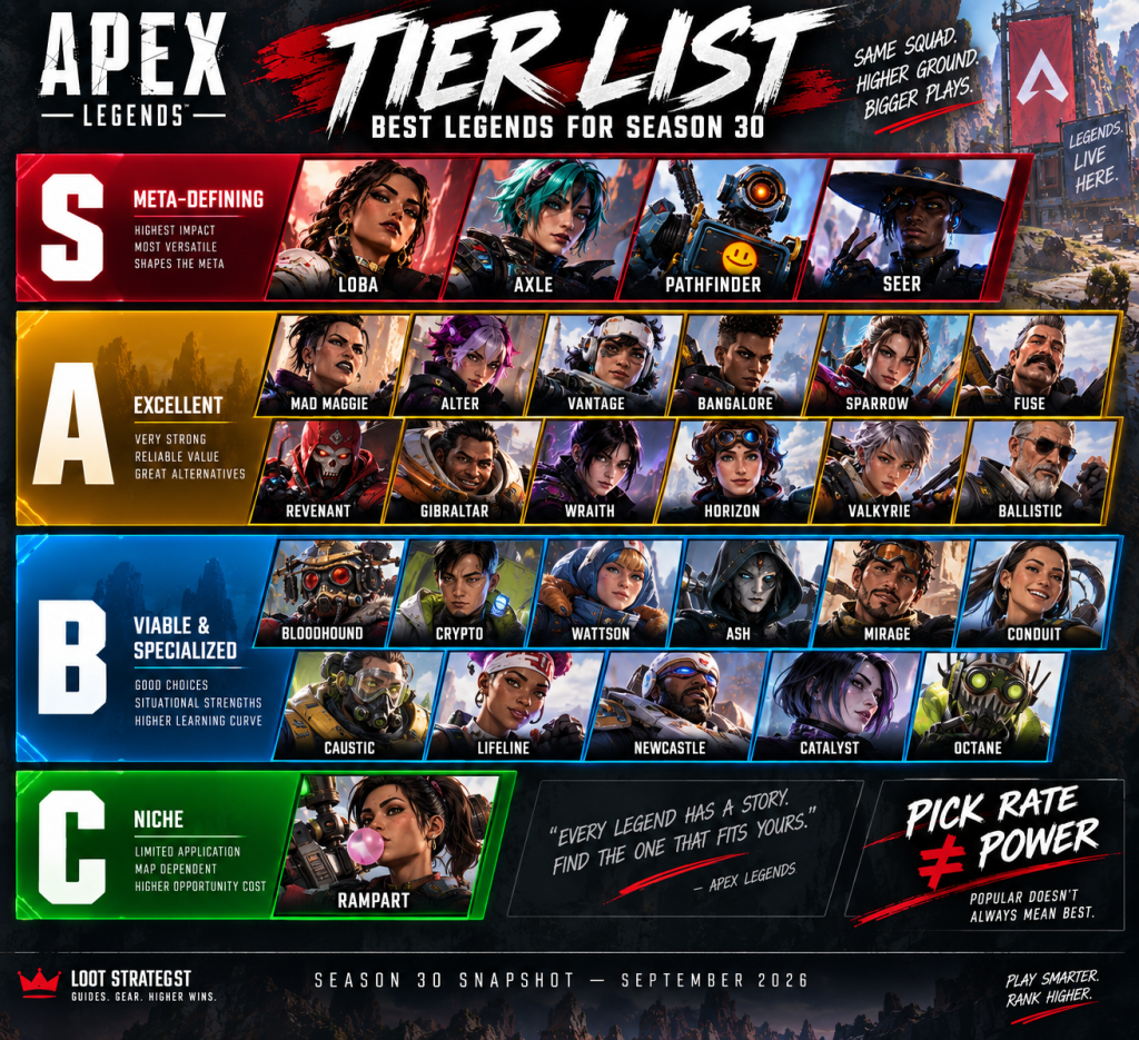 Apex Legends Season 30 tier list ranking all 28 Legends from S-tier to C-tier