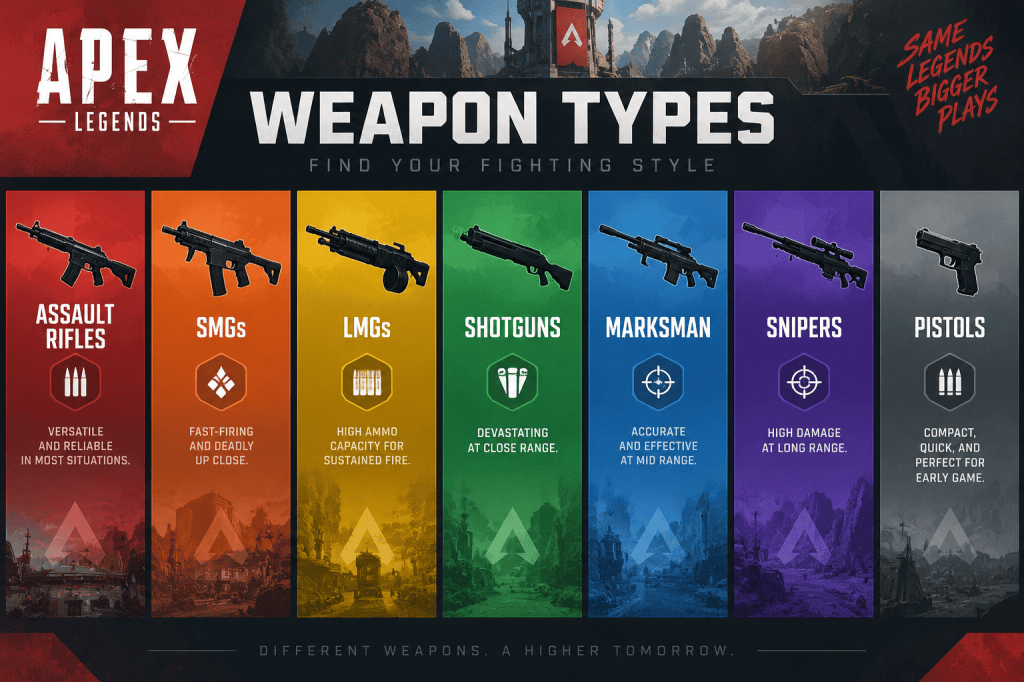 Apex Legends weapon types infographic showing seven categories—Assault Rifles, SMGs, LMGs, Shotguns, Marksman, Snipers, and Pistols—represented by recognizable weapon silhouettes.