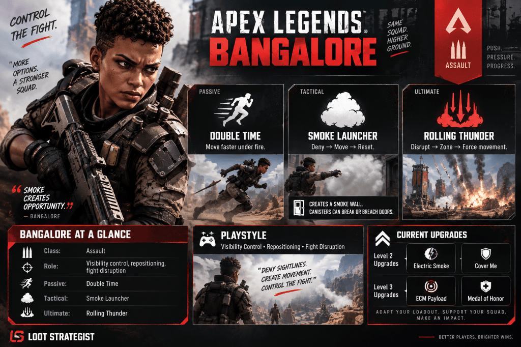 Apex Legends Bangalore guide infographic showing her Assault class, Double Time, Smoke Launcher, Rolling Thunder, playstyle, and current Legend Upgrades