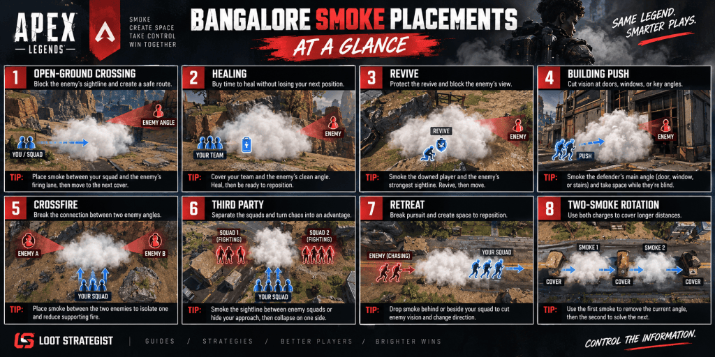 Apex Legends Bangalore smoke placement guide showing open-ground, building, revive, crossfire, third-party, retreat, and two-smoke rotation setups.