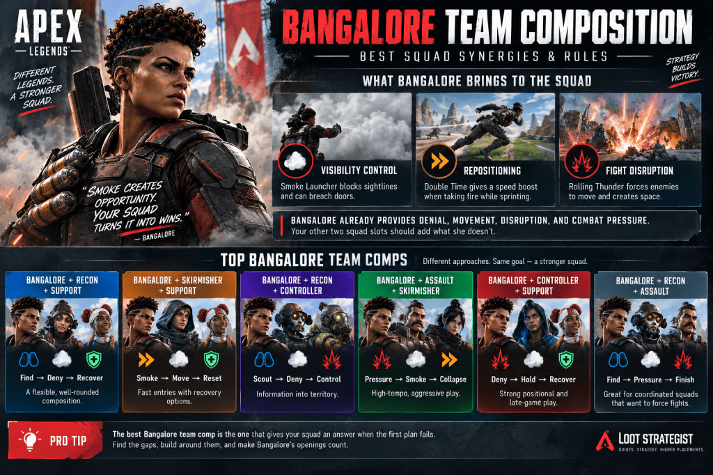 Apex Legends Bangalore team composition infographic showing her visibility control, repositioning, and fight disruption alongside recommended Recon, Skirmisher, Support, Controller, and Assault squad roles