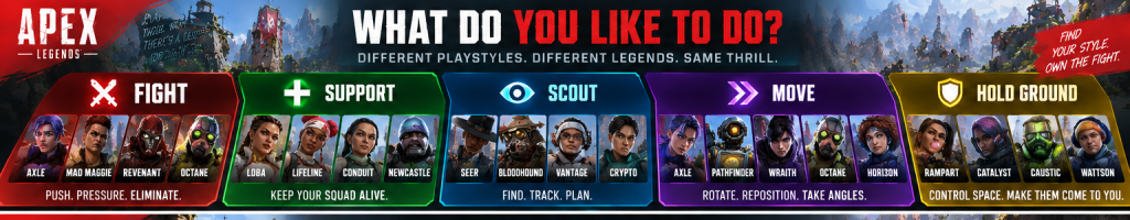 Apex Legends best Legends by playstyle showing recommended characters for fighting, support, scouting, movement, and holding ground