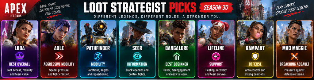 Apex Legends best Legends at a glance showing recommended picks for overall play, mobility, information, beginners, support, defense, and assault