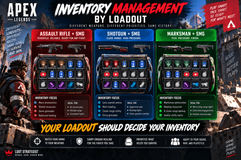 Apex Legends inventory guide comparing backpack priorities for assault rifle and SMG, shotgun and SMG, and marksman and SMG loadouts