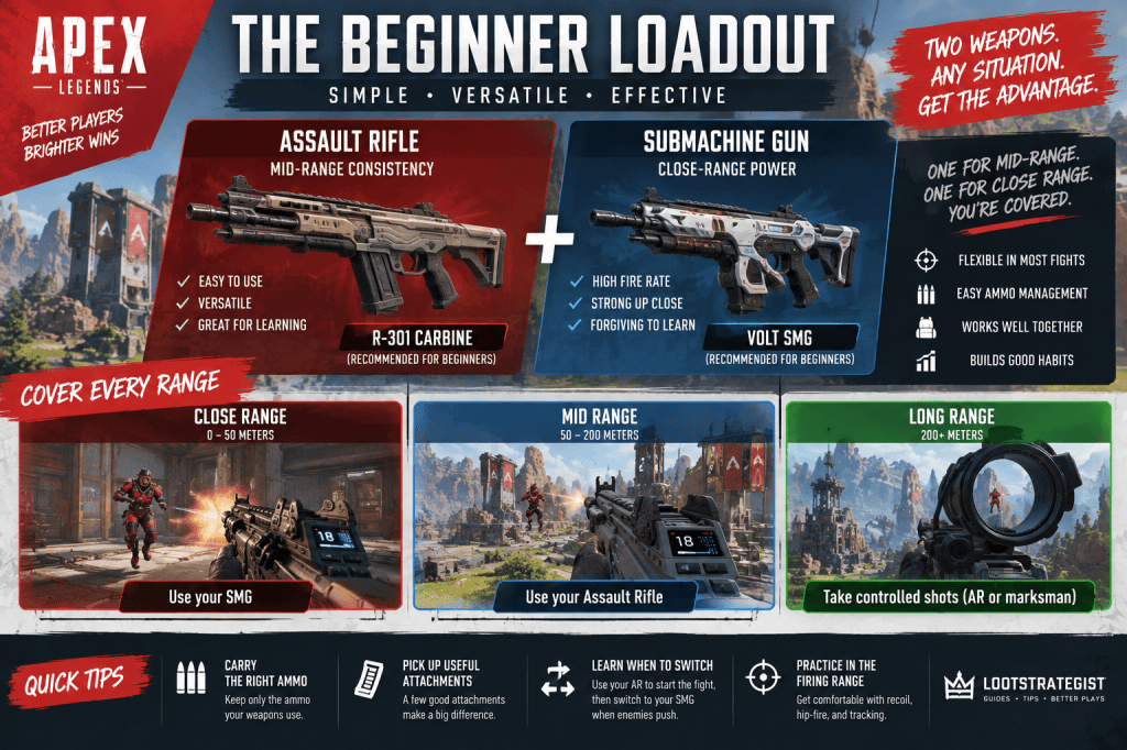 Apex Legends beginner weapon loadout showing an assault rifle and SMG for close- and mid-range combat