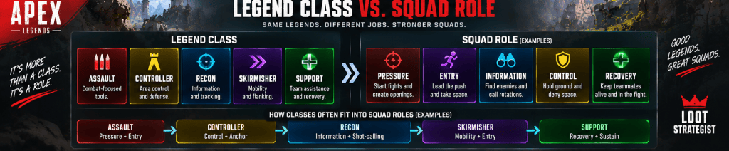 Apex Legends guide comparing Legend classes with squad roles such as information, entry, mobility, control, recovery, and shot-calling