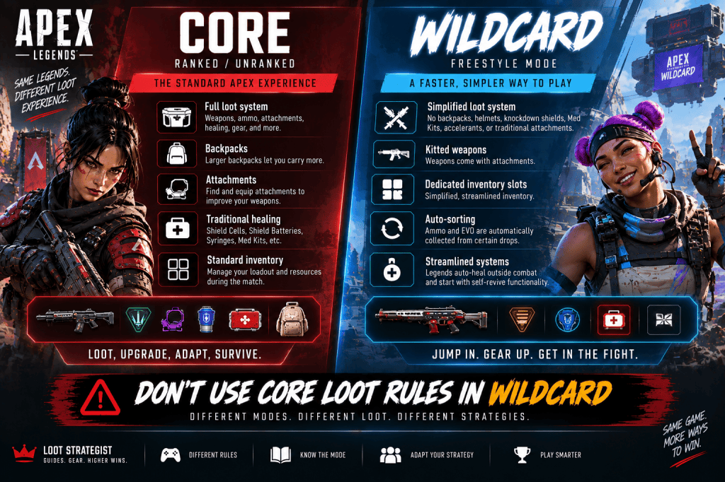 Apex Legends guide comparing Core and Wildcard loot systems, inventory, weapons, healing, and attachments