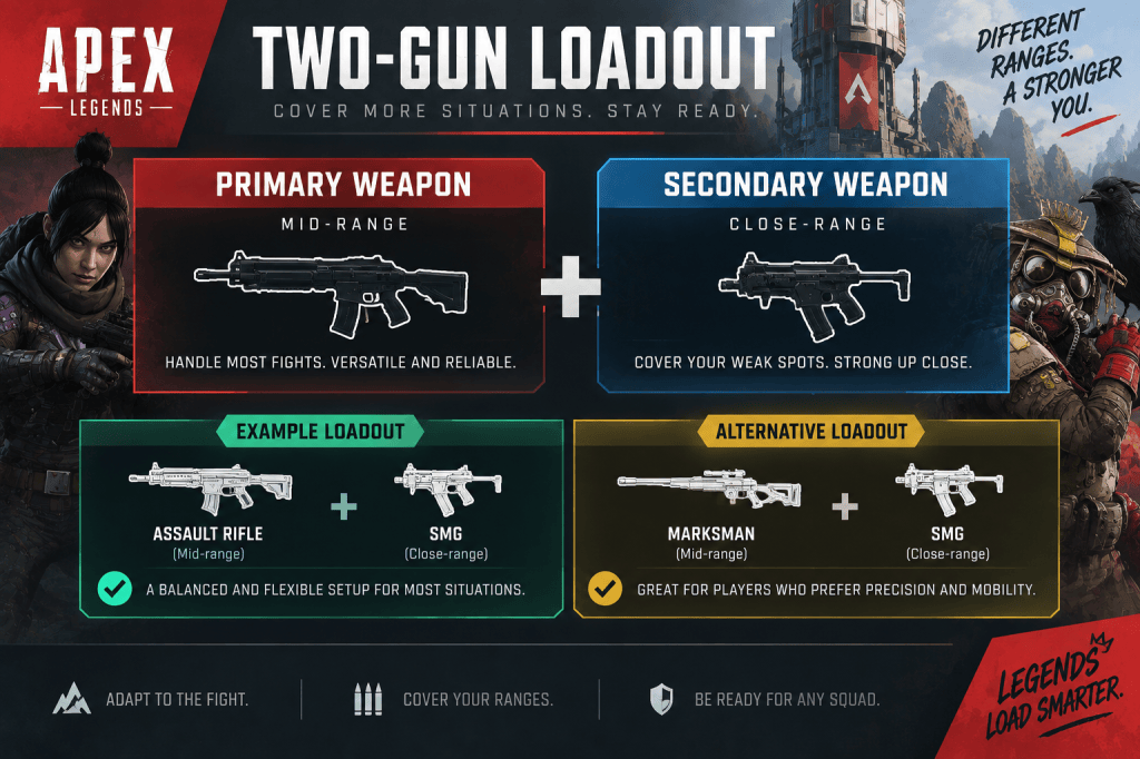 Apex Legends two-gun loadout infographic showing a mid-range primary weapon paired with a close-range secondary, with example Assault Rifle + SMG and alternative Marksman + SMG combinations.