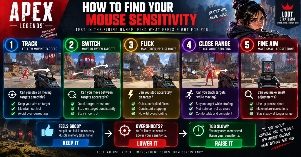Apex Legends mouse sensitivity guide showing five Firing Range tests for finding the right aim sensitivity