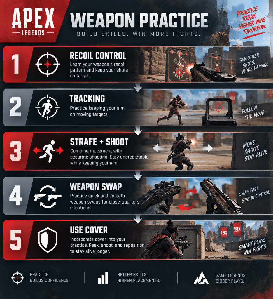 Apex Legends weapon practice infographic showing five steps: recoil control, tracking moving targets, strafing while shooting, quick weapon swaps, and using cover effectively.