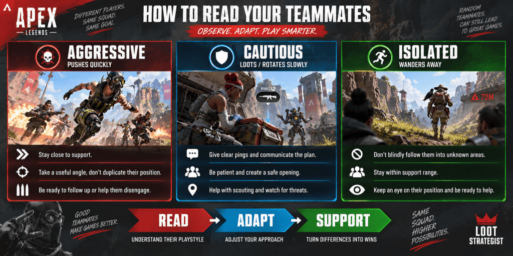 Apex Legends solo queue guide showing how to adapt to aggressive, cautious, and isolated teammates.