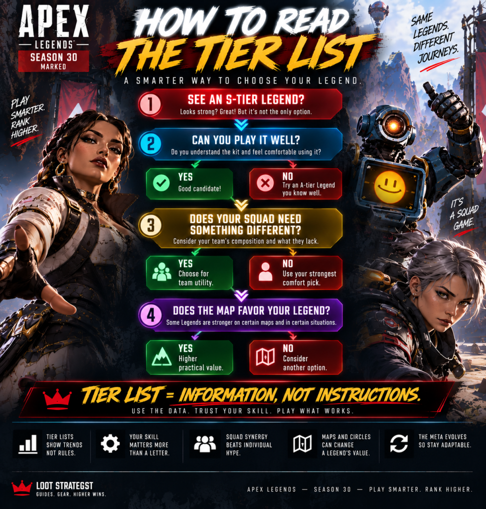Apex Legends tier list guide showing how to choose a Legend based on skill, squad needs, and map suitability