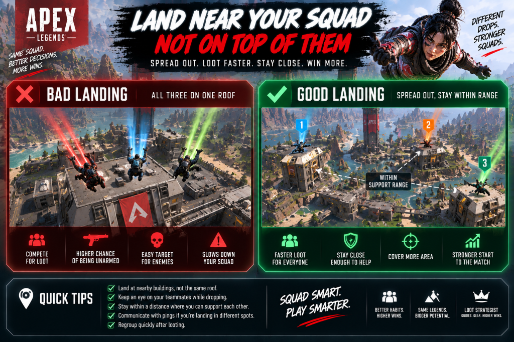 Apex Legends beginner landing example showing teammates landing together but not on the same building