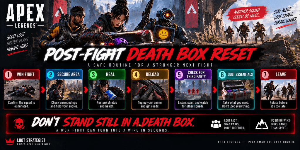 Apex Legends death box reset showing the steps to secure an area, heal, reload, check for third parties, loot essentials, and leave