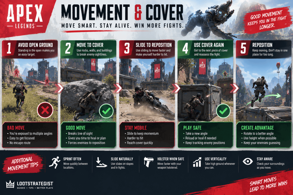 Apex Legends movement guide showing how to move from open ground to cover, slide, and reposition safely