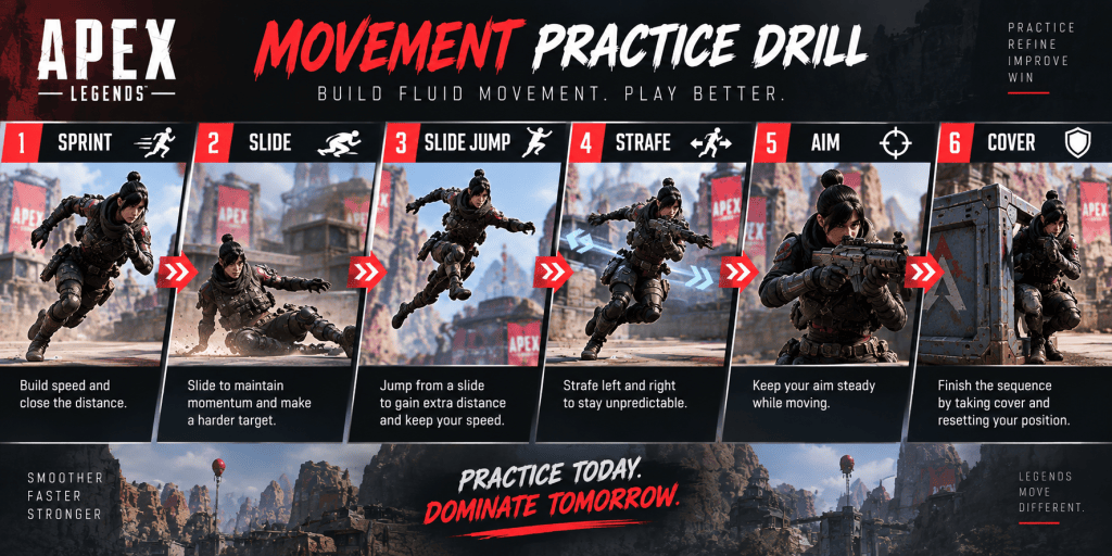 Apex Legends movement practice drill showing sprint, slide, slide jump, strafe, aim, and cover in sequence