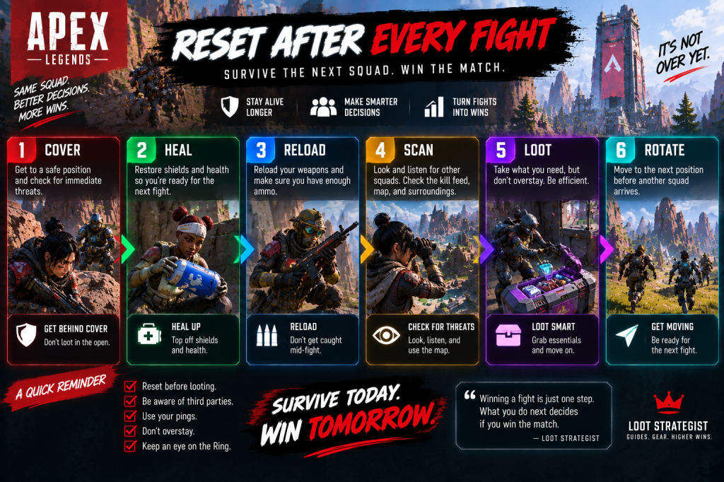 Apex Legends post-fight reset showing healing, reloading, scanning, and then looting