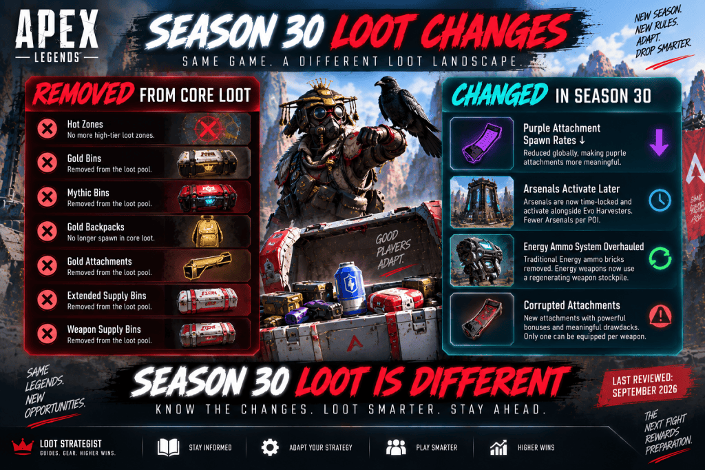 Apex Legends Season 30 loot changes showing removed Core loot and updated attachment, Arsenal, Energy ammo, and Corrupted Attachment systems