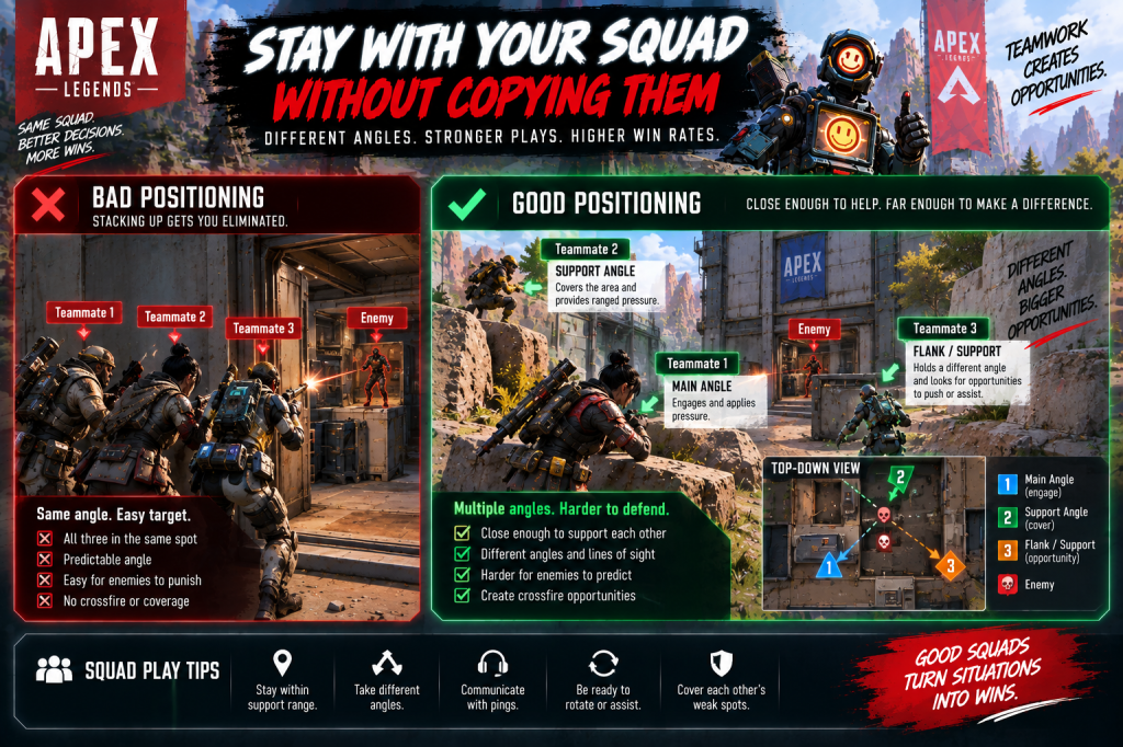 Apex Legends squad positioning showing teammates supporting different angles during a fight