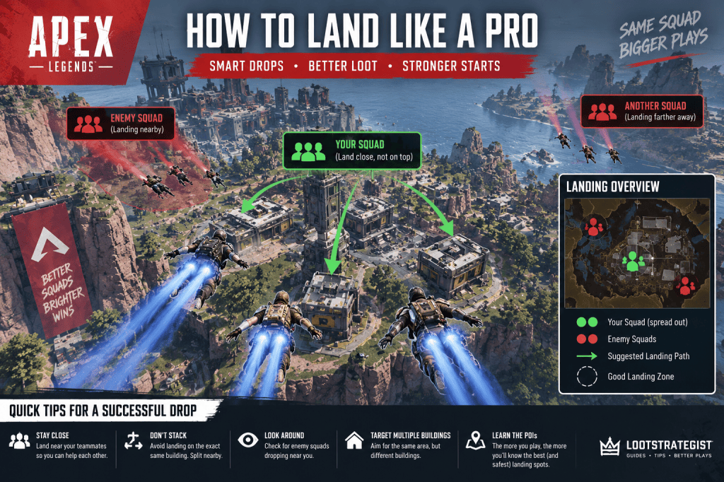 Apex Legends landing guide showing squad members landing near each other, nearby enemy squads, and a suggested safe landing pattern