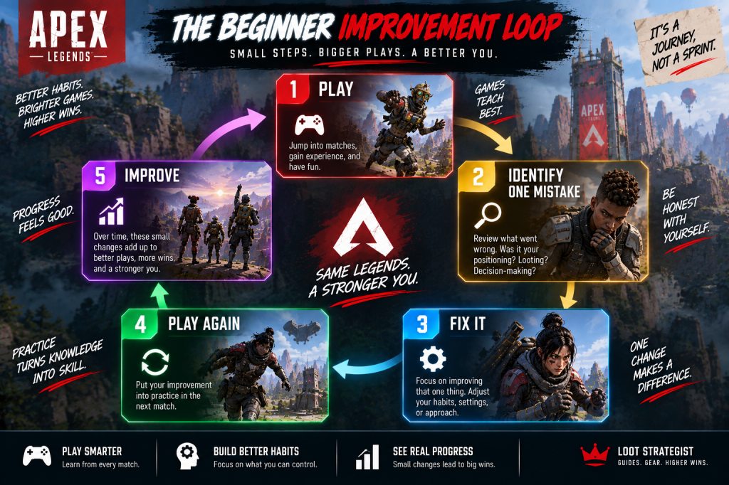 Apex Legends beginner improvement loop showing how to learn from mistakes after each match