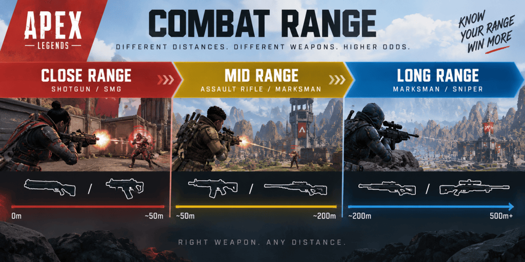 Apex Legends combat range infographic showing recommended weapons by distance: Shotguns and SMGs for close range, Assault Rifles and Marksman weapons for mid range, and Marksman and Sniper weapons for long range.