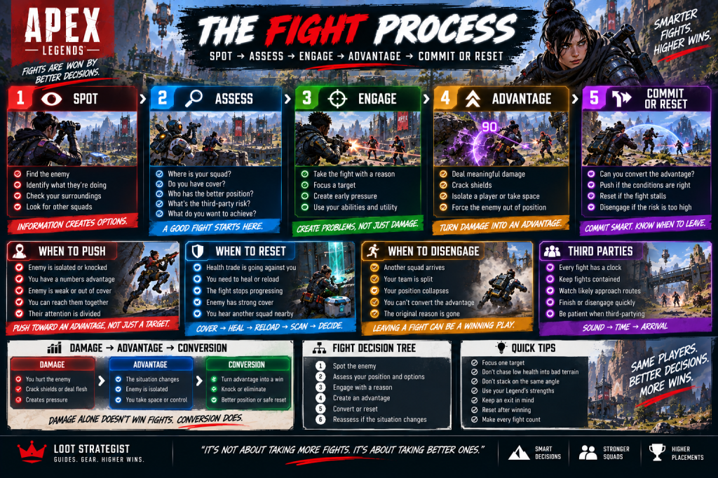 Apex Legends fight process showing when to engage, push, reset, disengage, and handle third parties