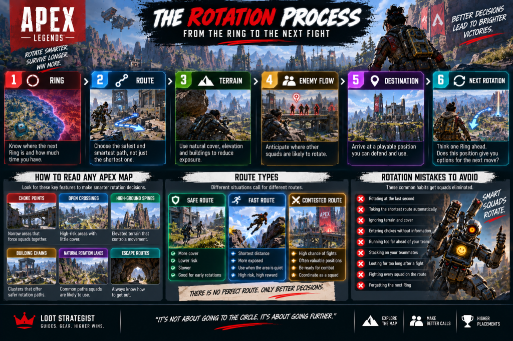 Apex Legends rotation process showing Ring, route, terrain, enemy flow, destination, and next rotation