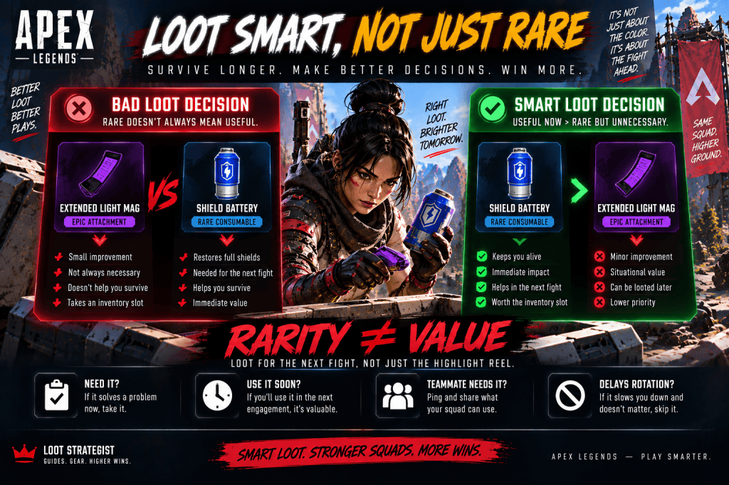 Apex Legends loot guide comparing rare attachments with useful survival items to show why rarity does not equal value