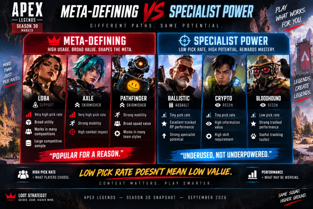 Apex Legends tier list comparison showing meta-defining Legends versus low-pick specialist Legends