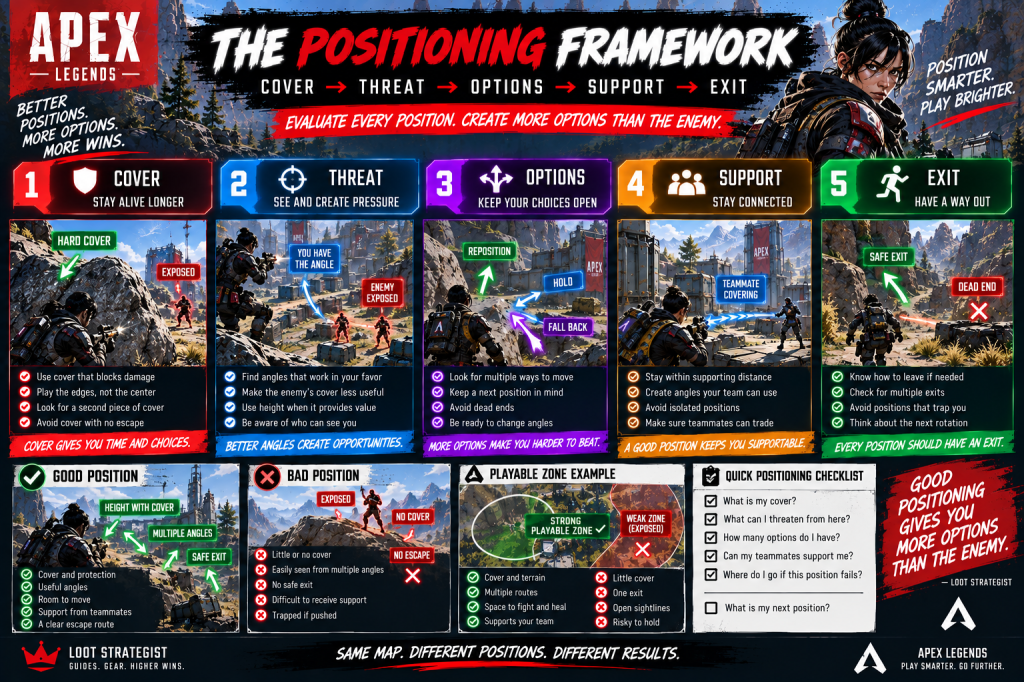 Apex Legends positioning framework showing cover, threat, options, support, exit, and playable zone examples