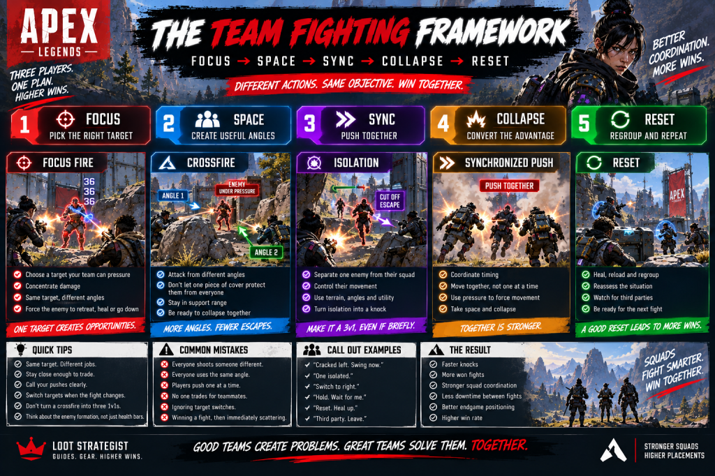 Apex Legends team fighting framework showing focus fire, crossfires, isolation, synchronized pushes, and resets