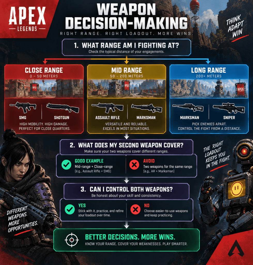 Apex Legends weapon decision-making flowchart showing how to choose weapons based on combat range, select a complementary second weapon, and use a loadout that the player can control confidently.