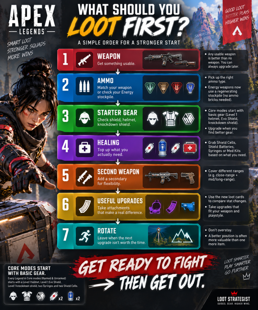 Apex Legends loot guide showing the recommended order for weapons, ammo, starter gear, healing, a second weapon, upgrades, and rotation