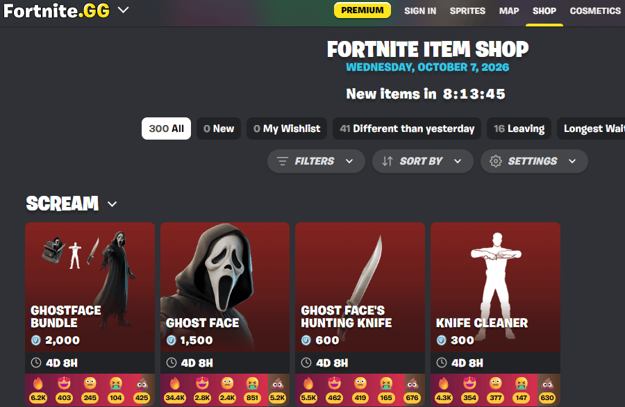 Screenshot of the Fortnite.gg web interface displaying the daily item shop cosmetic grid, V-Buck prices, and item rarity badges.